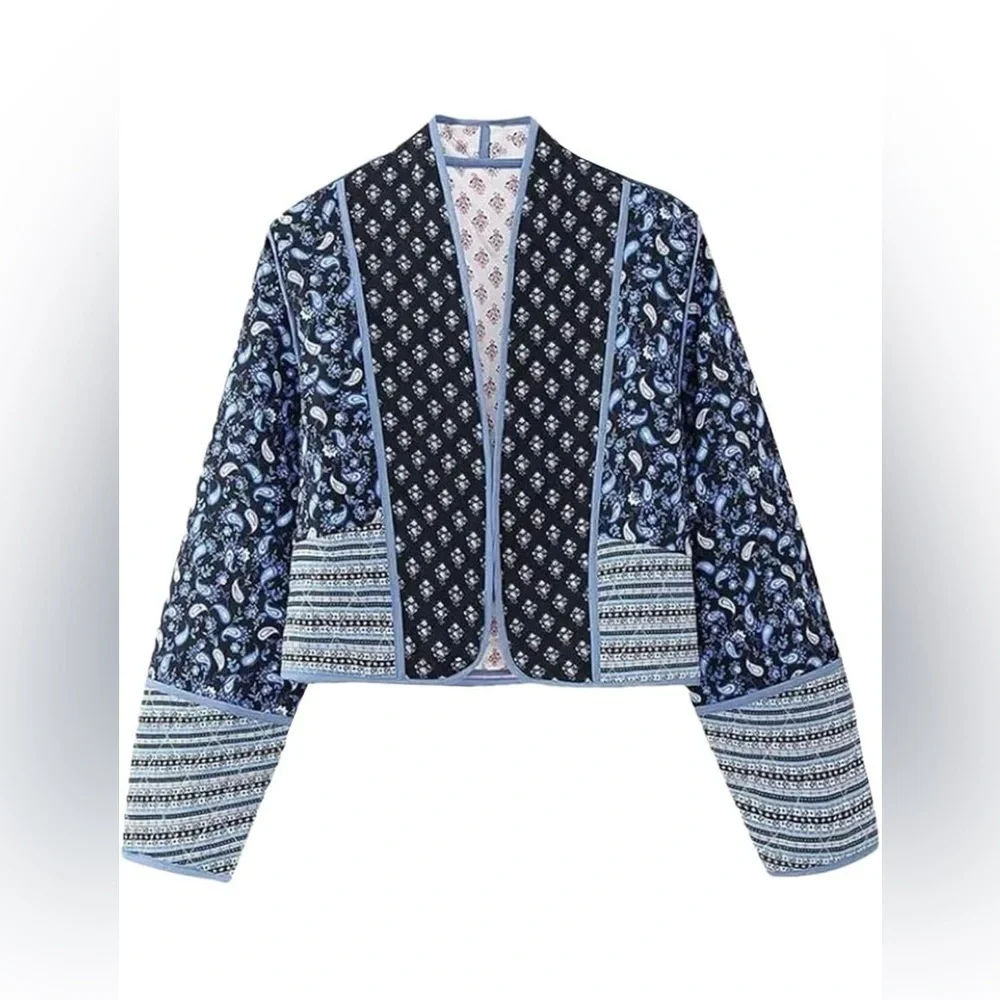 Women’s Reversible Quilted Paisley Boho Jacket in Blue/Pink Multi Size M